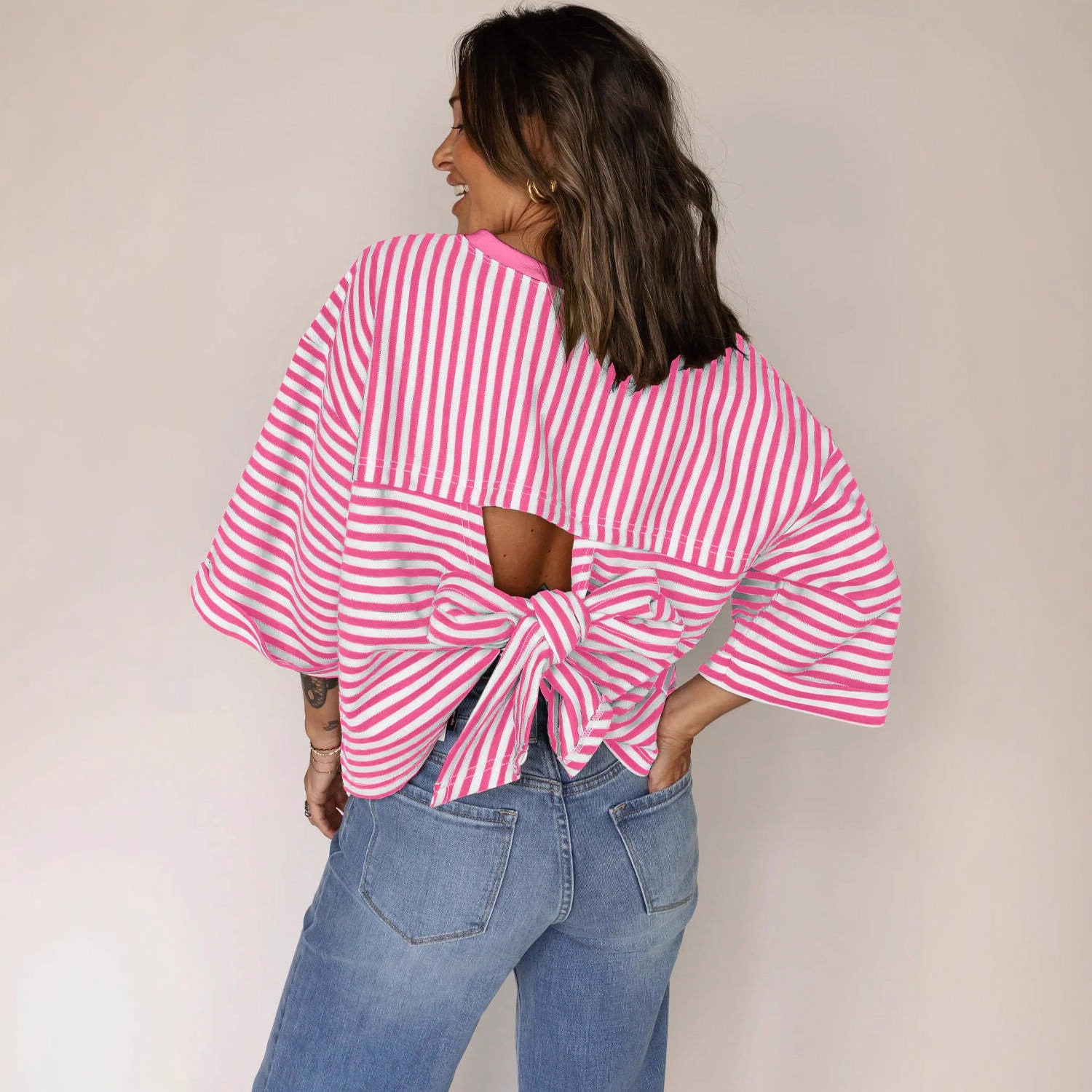 Women's Neck Striped Back Tie Bow Pullover Women's T-shirt