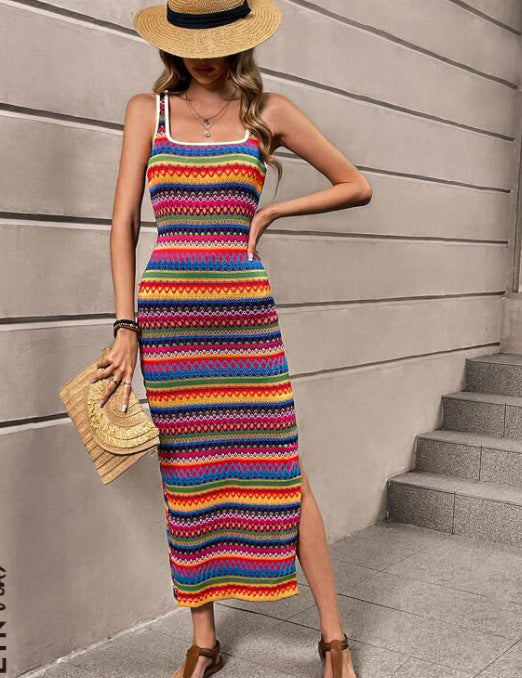 Women's Printed Striped Slit Hem Bohemian Vests