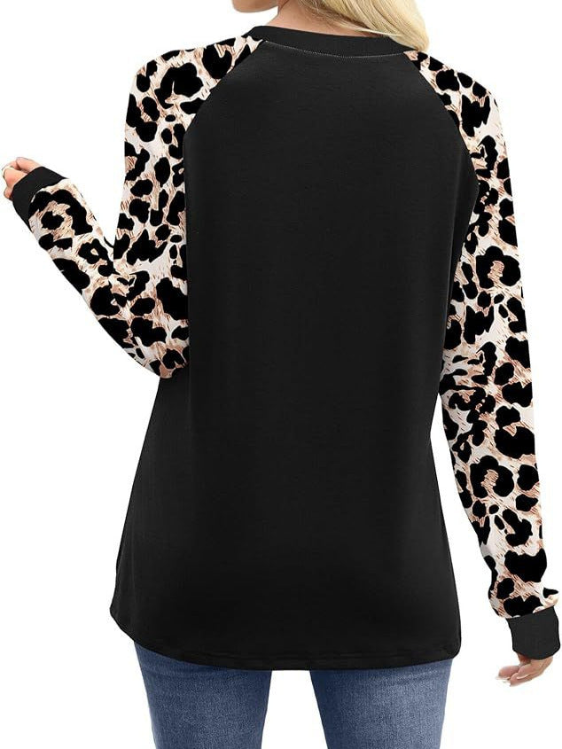 Innovative Autumn Leopard Print Round Long-sleeved Women's T-shirt