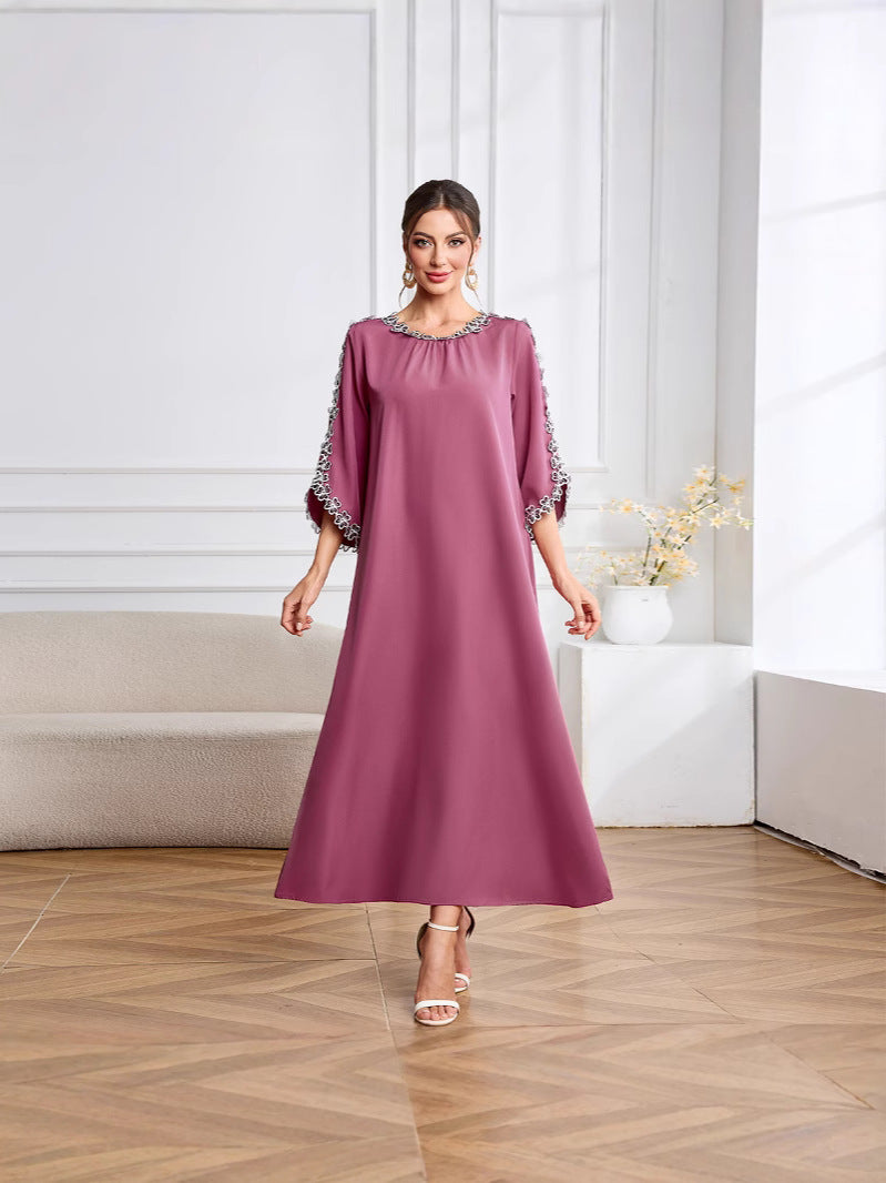 Arabic Lace Elegant Round Neck Dress Muslim Clothing