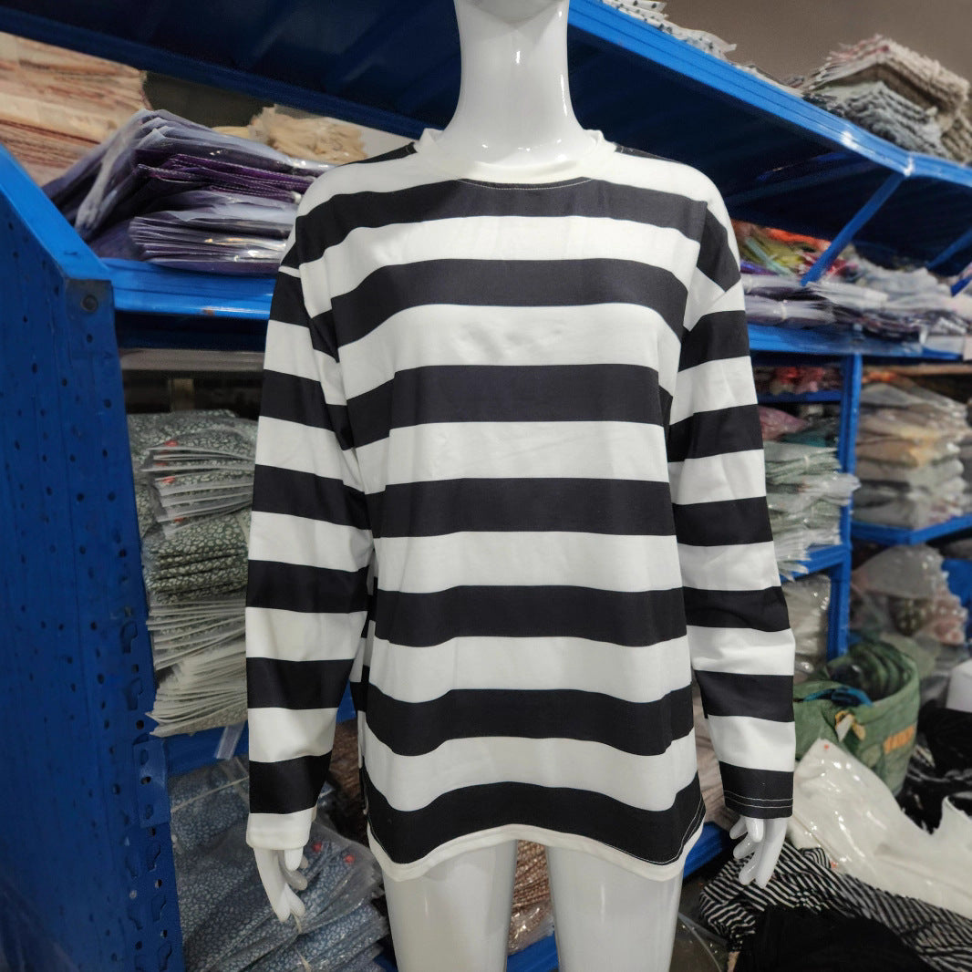 Women's & Men's Style Striped Autumn Mid-length Loose Long Women's T-shirt