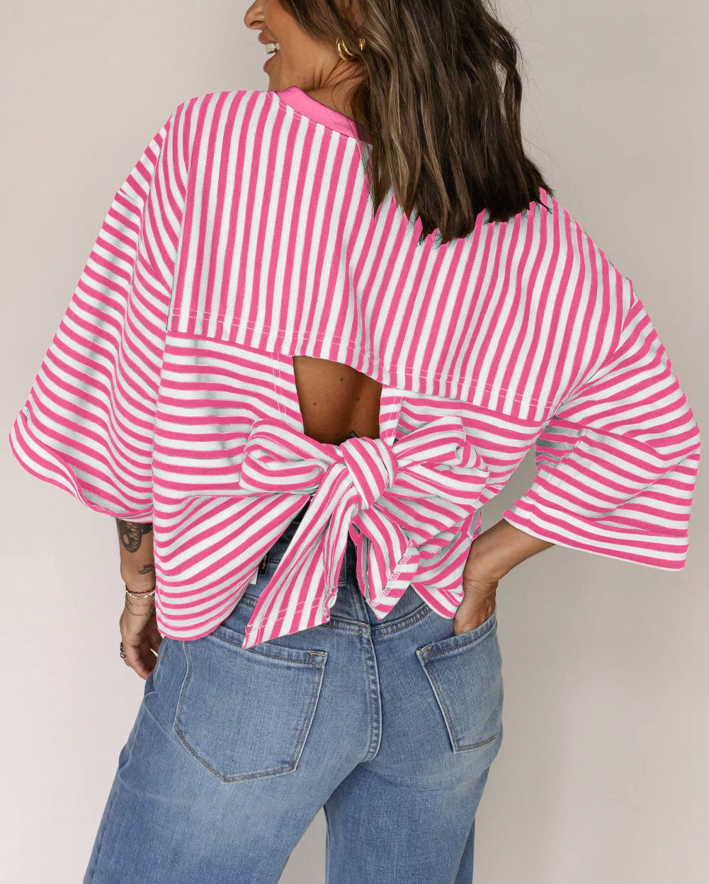 Women's Neck Striped Back Tie Bow Pullover Women's T-shirt