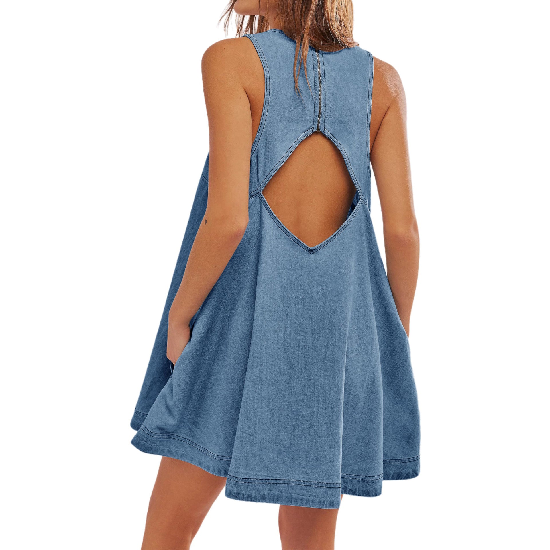 Attractive Women's Denim Casual Sleeveless Backless Dress
