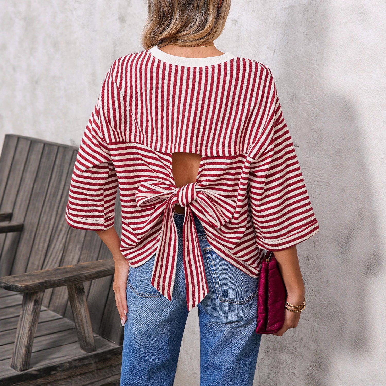 Women's Neck Striped Back Tie Bow Pullover Women's T-shirt