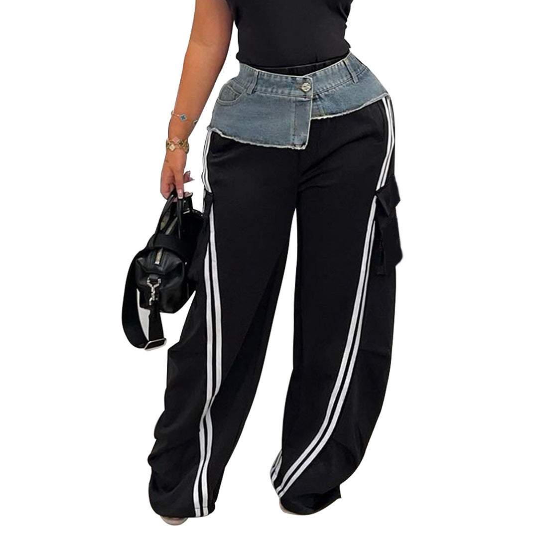 Women's Fashion Denim Stitching Elastic Waist Pull Strip Baggy Straight Casual Pants