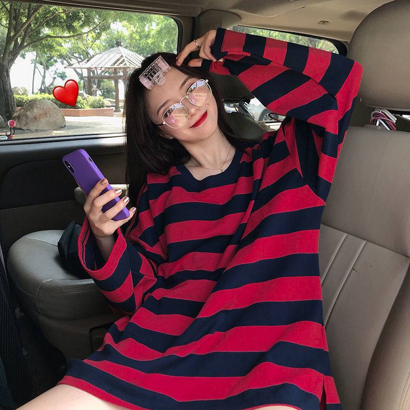 Women's & Men's Style Striped Autumn Mid-length Loose Long Women's T-shirt