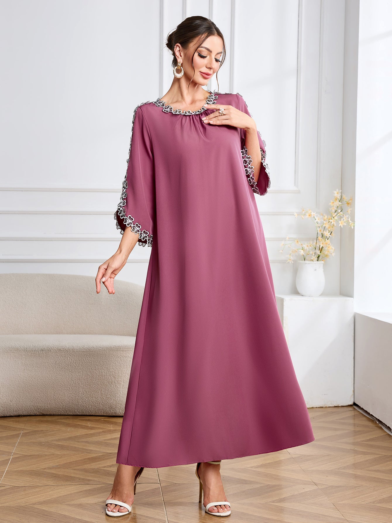 Arabic Lace Elegant Round Neck Dress Muslim Clothing