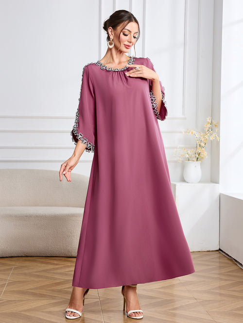 Arabic Lace Elegant Round Neck Dress Muslim Clothing