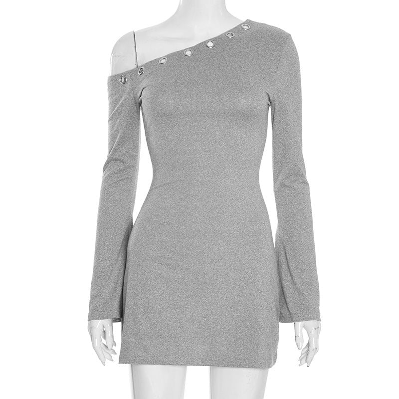 Women's Solid Color Diagonal Collar Ring Long-sleeved Dress