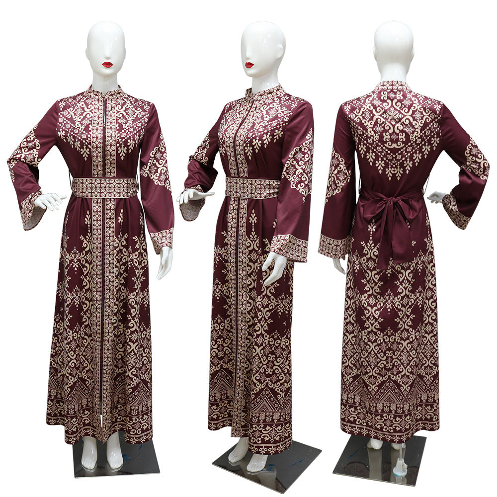 Arabic Print Zip Robe Ethnic Style Muslim Clothing