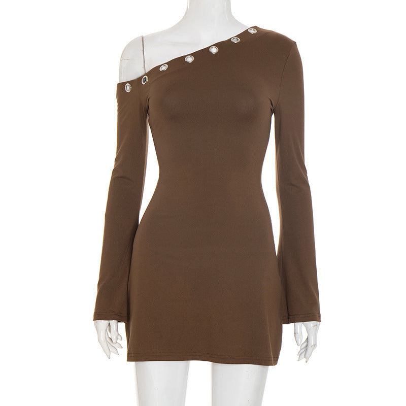 Women's Solid Color Diagonal Collar Ring Long-sleeved Dress