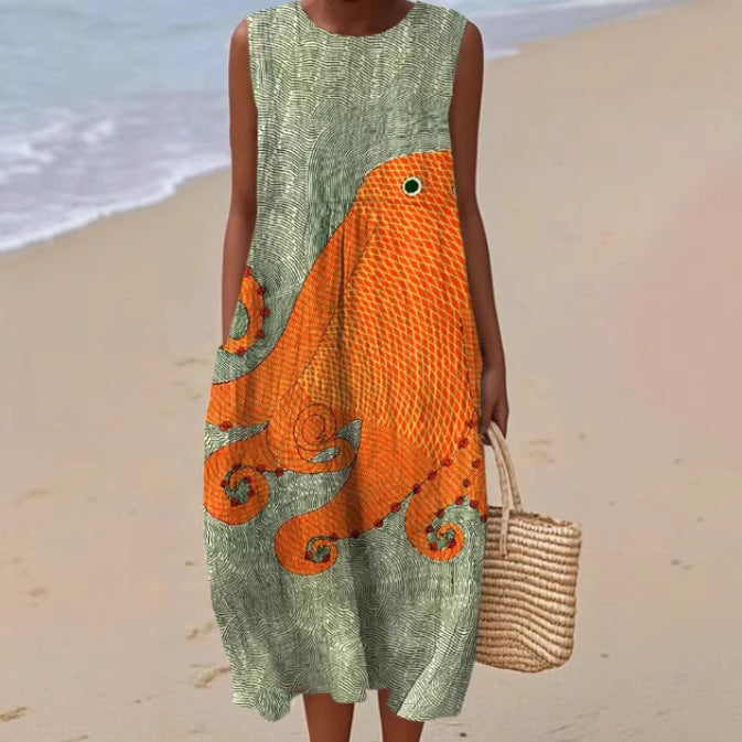 Sleeveless Casual Printed Temperament Long Fitted Skirts