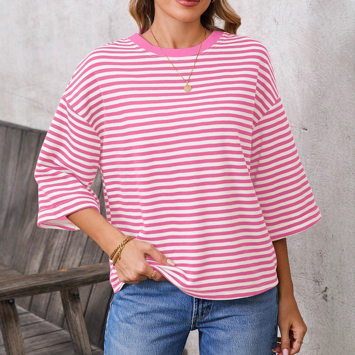 Women's Neck Striped Back Tie Bow Pullover Women's T-shirt