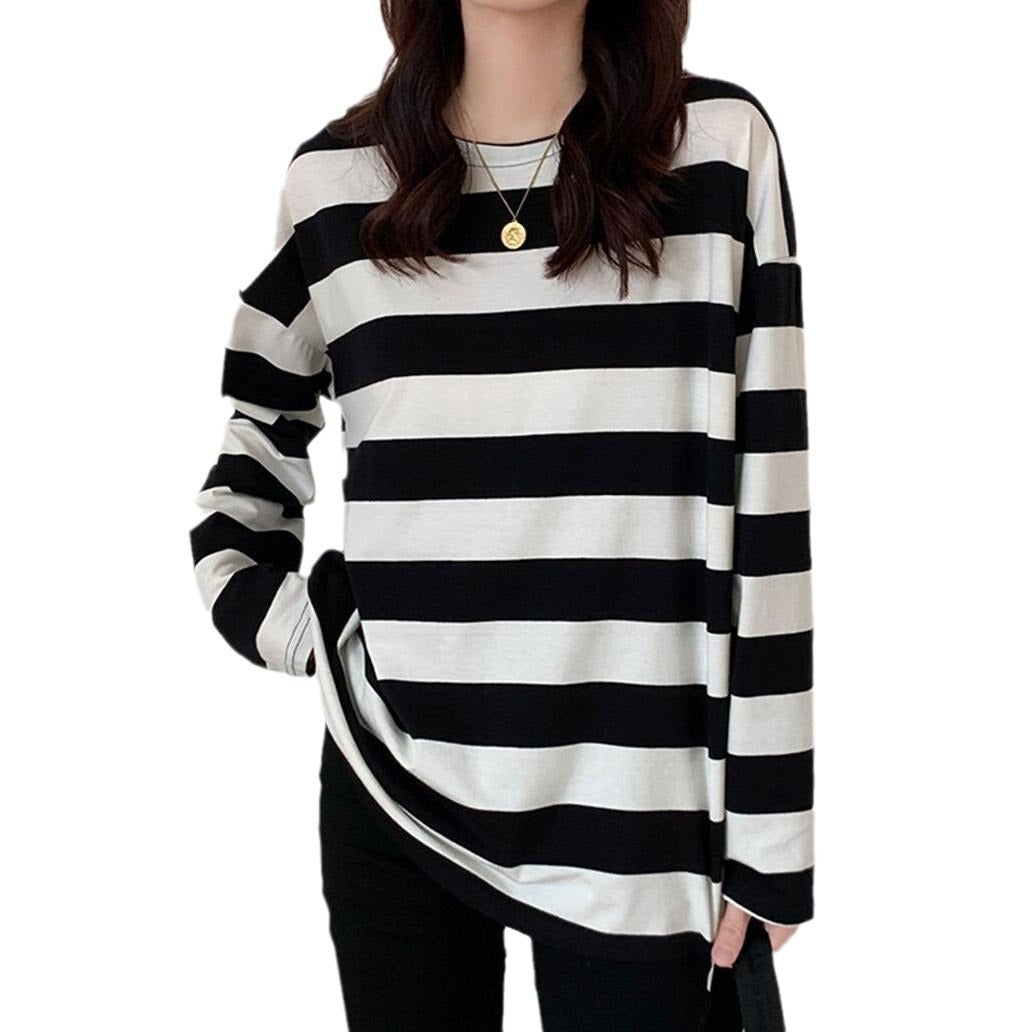 Women's & Men's Style Striped Autumn Mid-length Loose Long Women's T-shirt