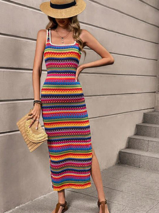 Women's Printed Striped Slit Hem Bohemian Vests