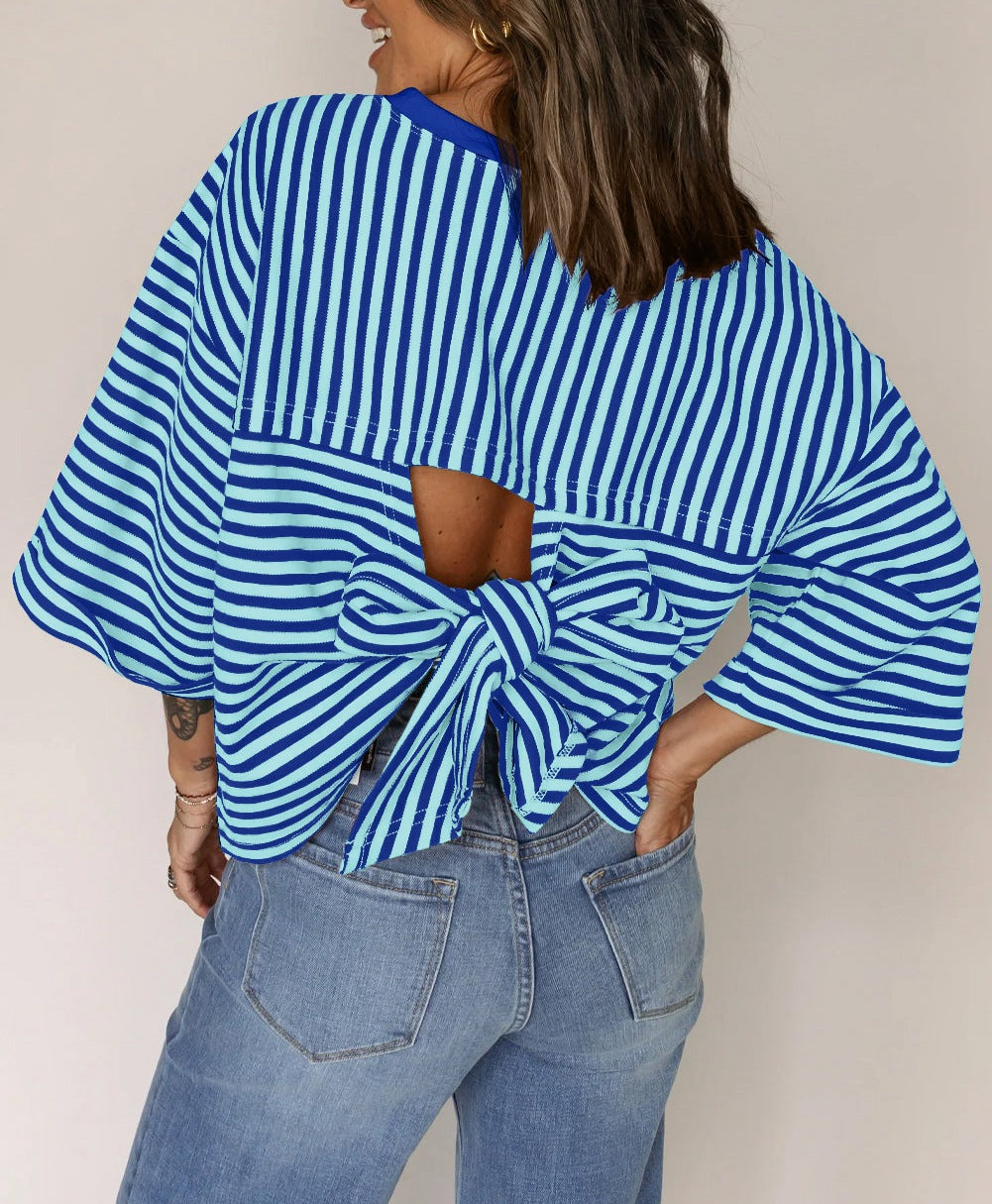 Women's Neck Striped Back Tie Bow Pullover Women's T-shirt