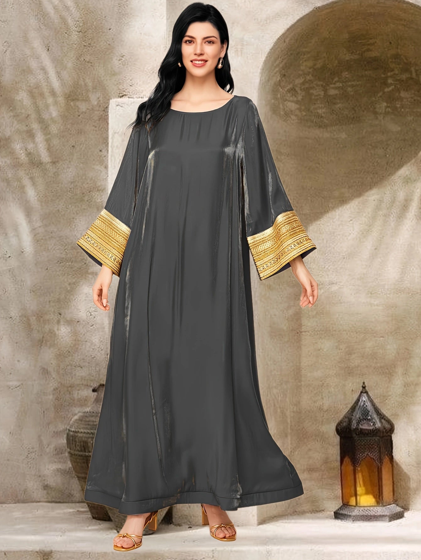 Attractive Arabic Glitter Maxi Gold Luxury Dress