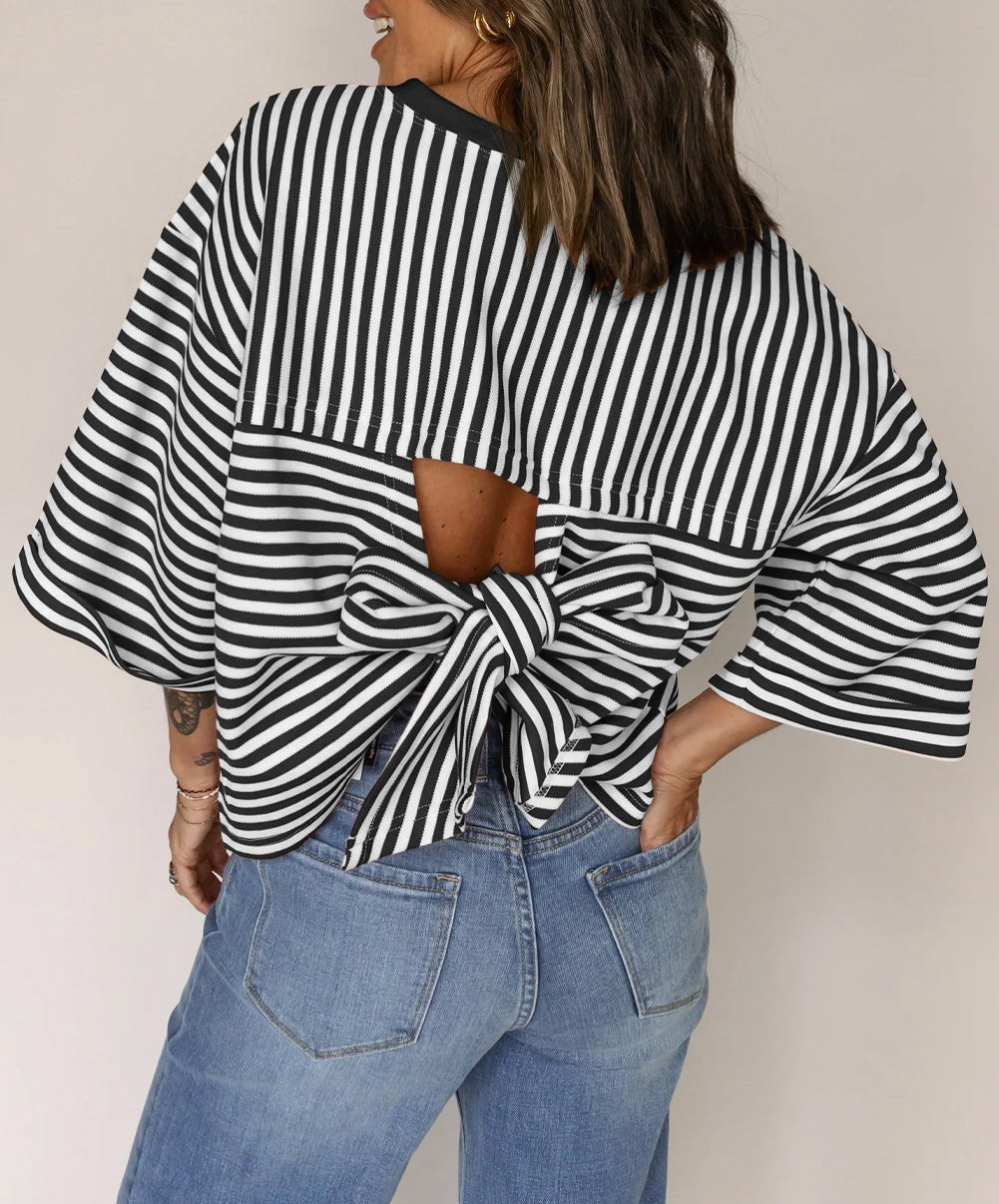 Women's Neck Striped Back Tie Bow Pullover Women's T-shirt