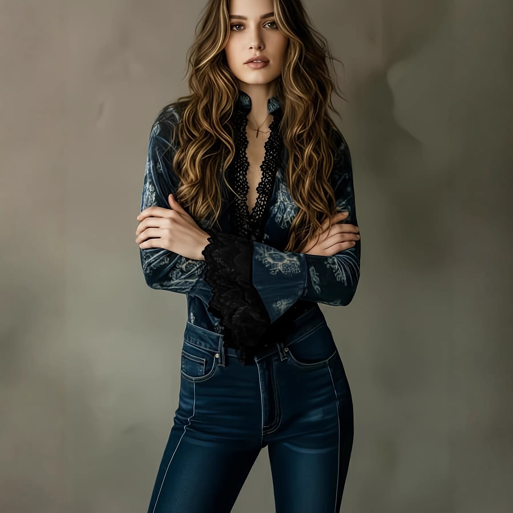 Veet Retro Flower Lace Deep Bell Sleeves Slim Women's T-shirt