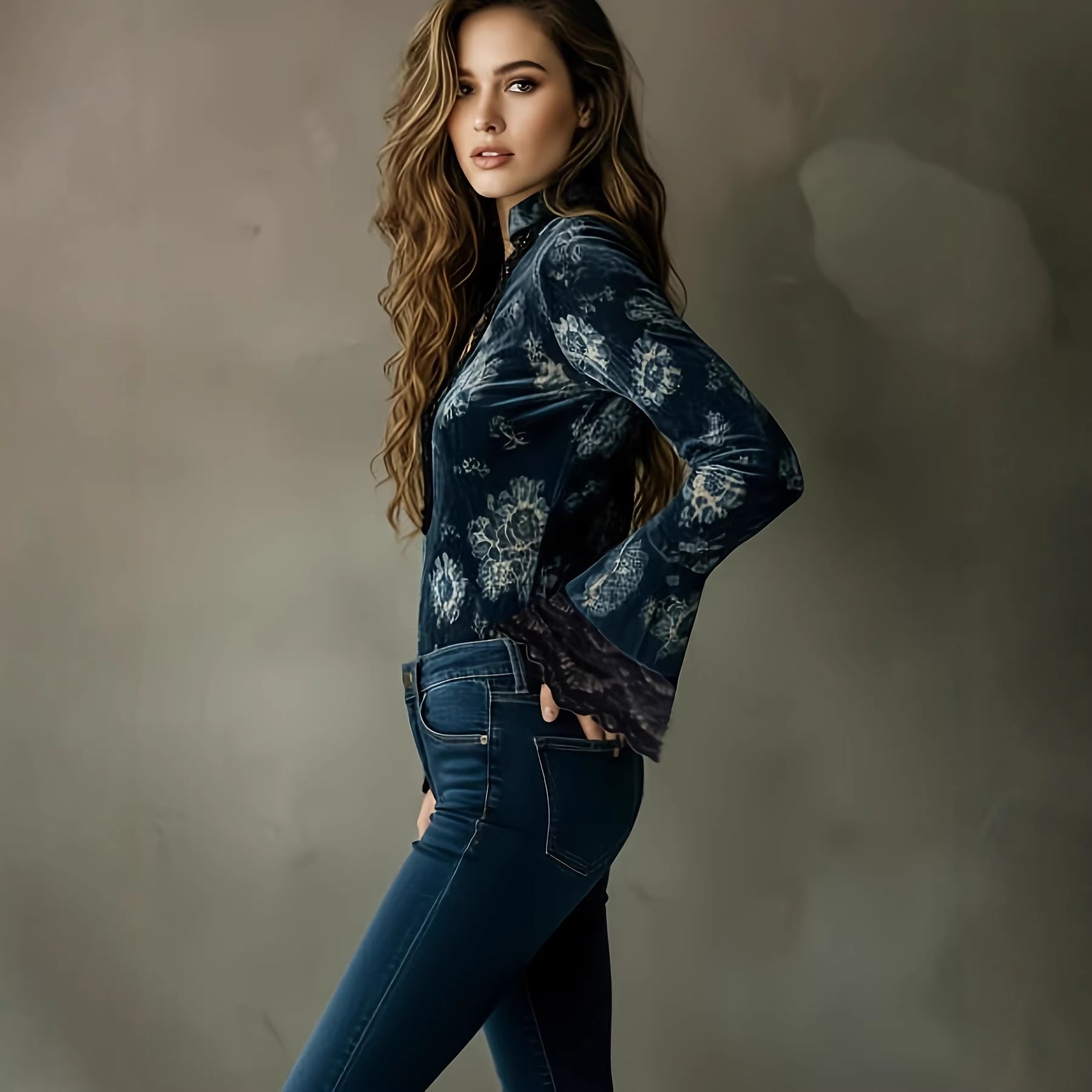 Veet Retro Flower Lace Deep Bell Sleeves Slim Women's T-shirt