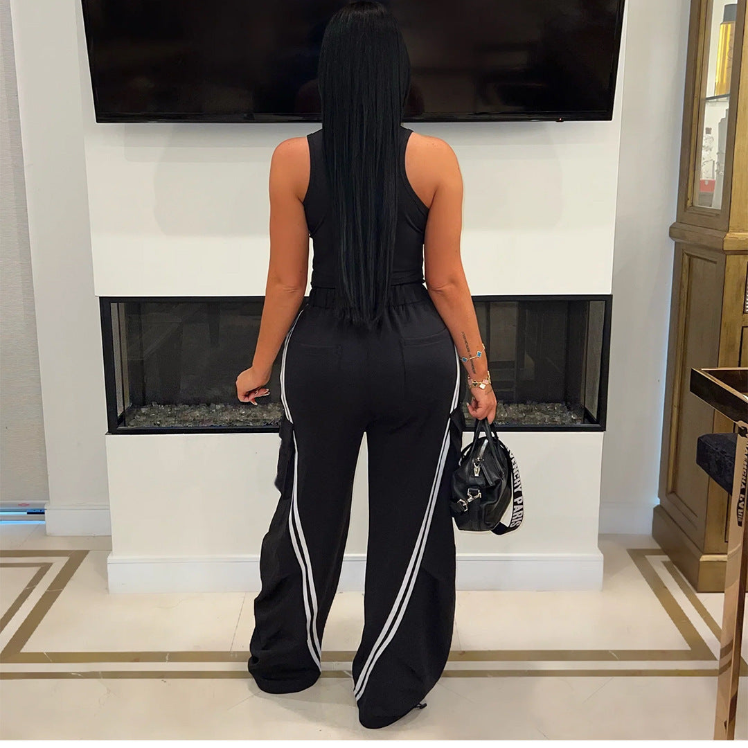 Women's Fashion Denim Stitching Elastic Waist Pull Strip Baggy Straight Casual Pants