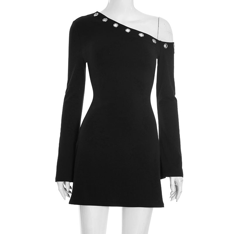 Women's Solid Color Diagonal Collar Ring Long-sleeved Dress