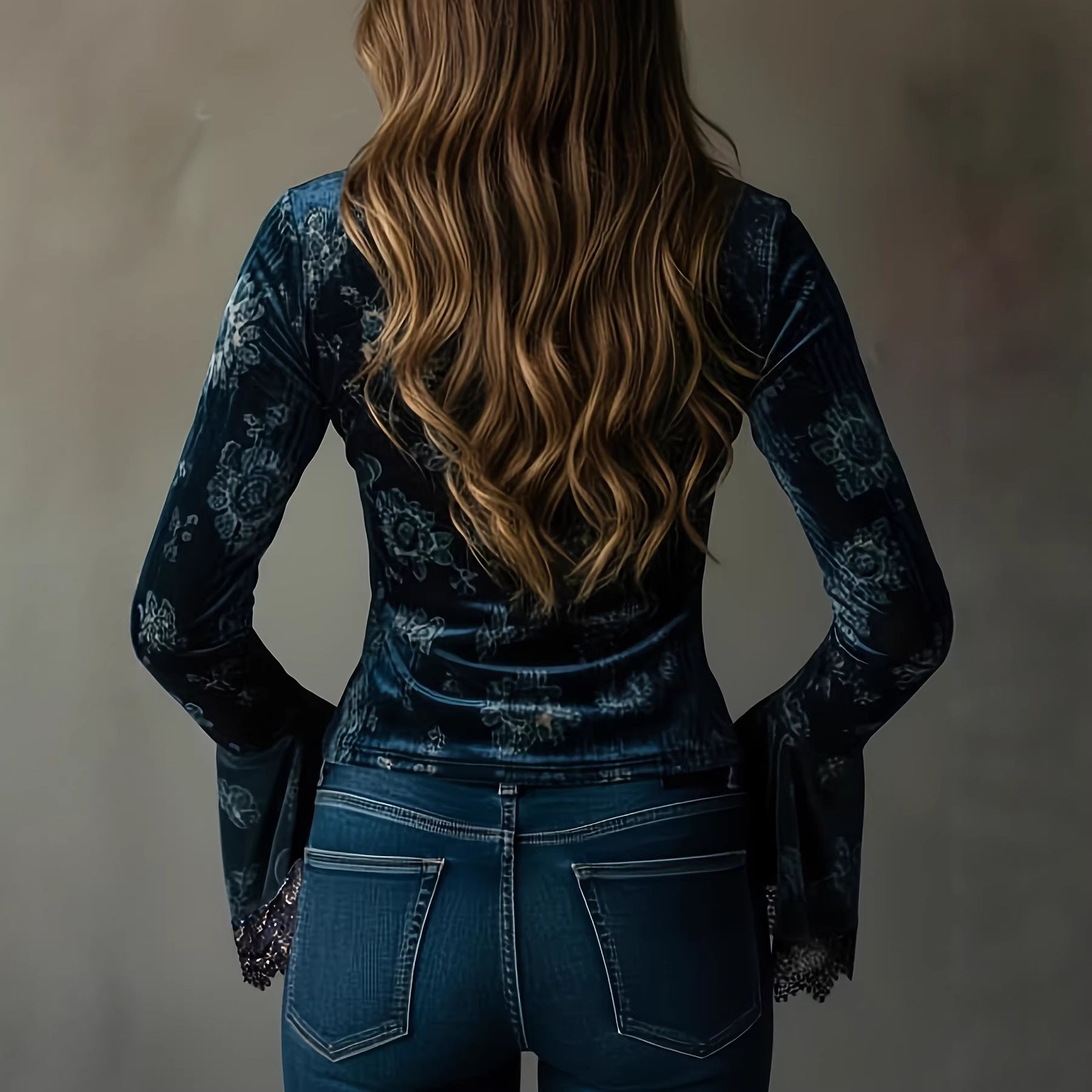 Veet Retro Flower Lace Deep Bell Sleeves Slim Women's T-shirt