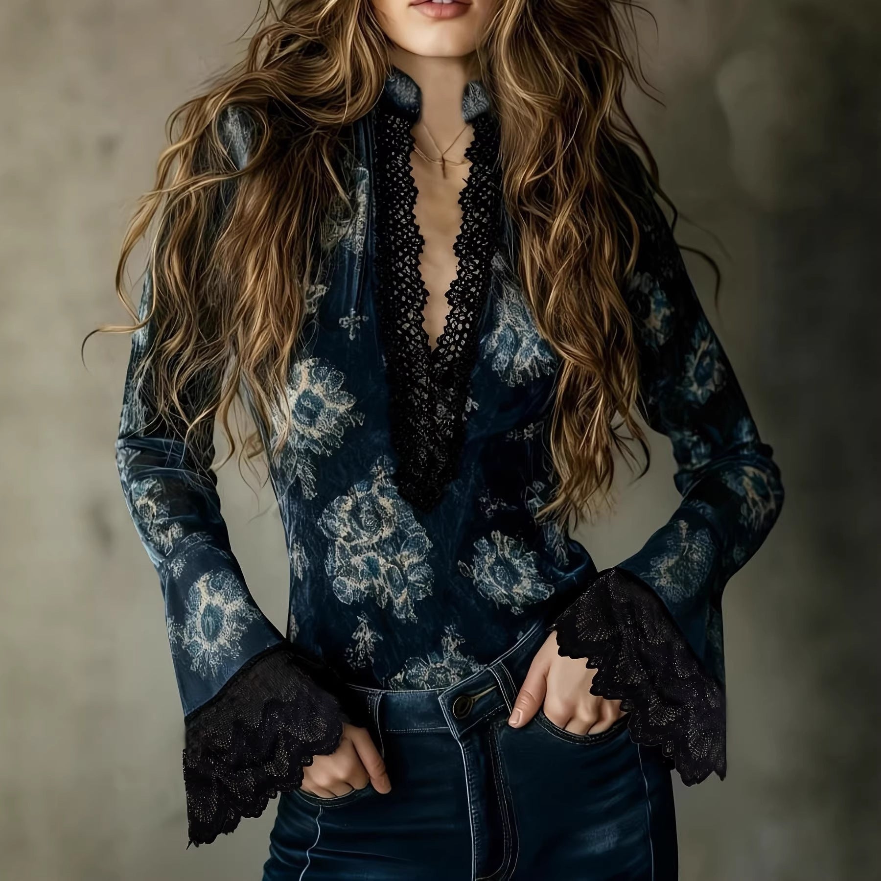 Veet Retro Flower Lace Deep Bell Sleeves Slim Women's T-shirt