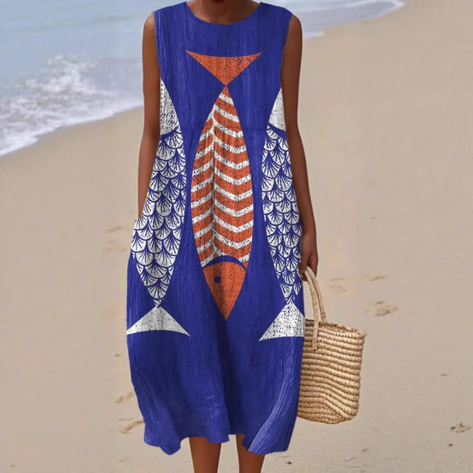 Sleeveless Casual Printed Temperament Long Fitted Skirts