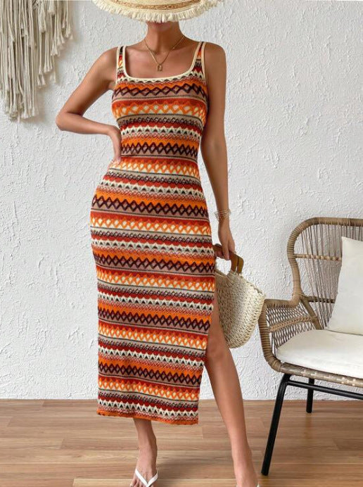 Women's Printed Striped Slit Hem Bohemian Vests