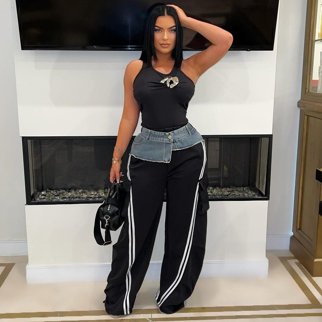 Women's Fashion Denim Stitching Elastic Waist Pull Strip Baggy Straight Casual Pants