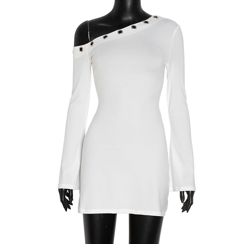 Women's Solid Color Diagonal Collar Ring Long-sleeved Dress