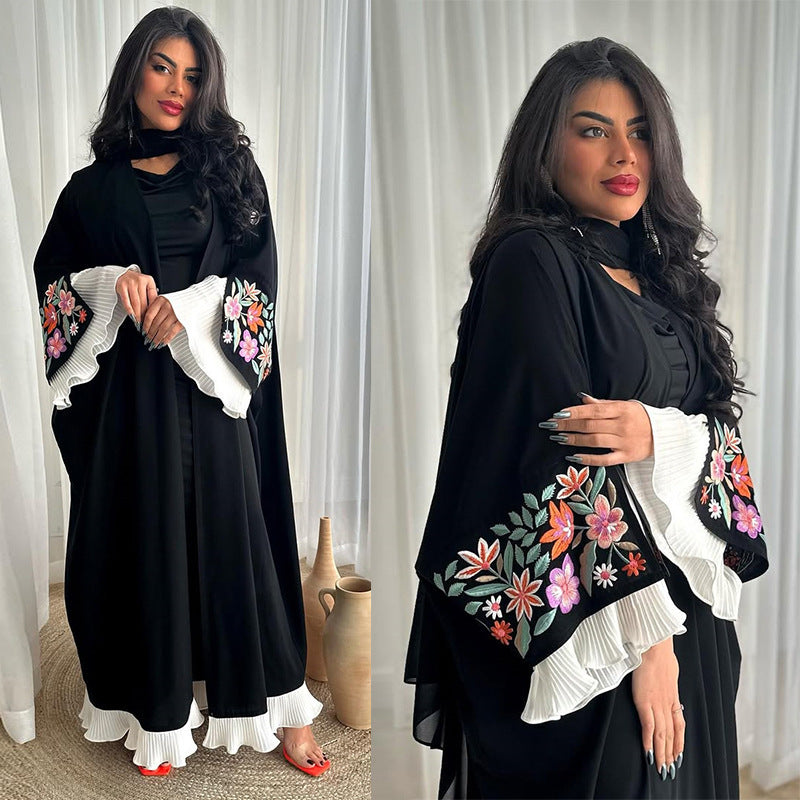 Arab Embroidery Robe Fashion Outerwear Pleated Muslim Clothing