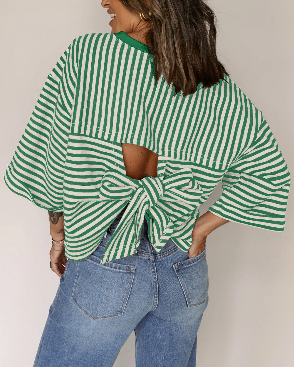 Women's Neck Striped Back Tie Bow Pullover Women's T-shirt