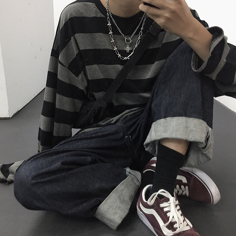 Women's & Men's Style Striped Autumn Mid-length Loose Long Women's T-shirt
