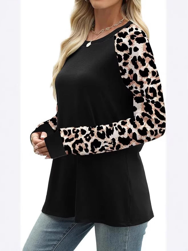 Innovative Autumn Leopard Print Round Long-sleeved Women's T-shirt