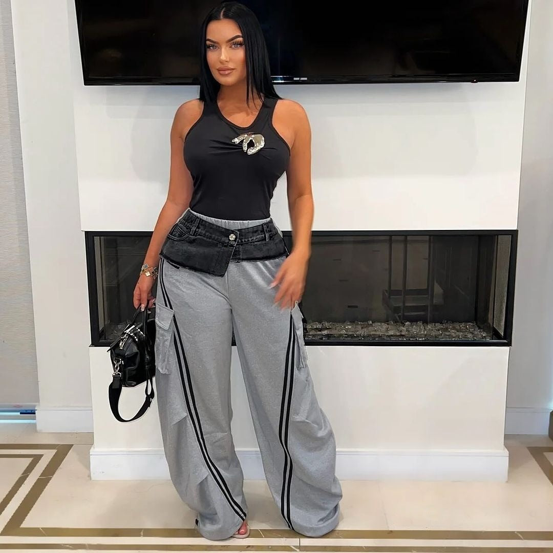 Women's Fashion Denim Stitching Elastic Waist Pull Strip Baggy Straight Casual Pants