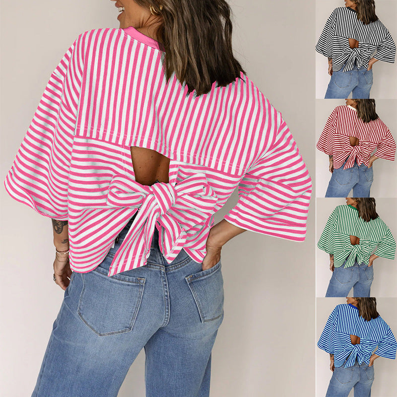 Women's Neck Striped Back Tie Bow Pullover Women's T-shirt