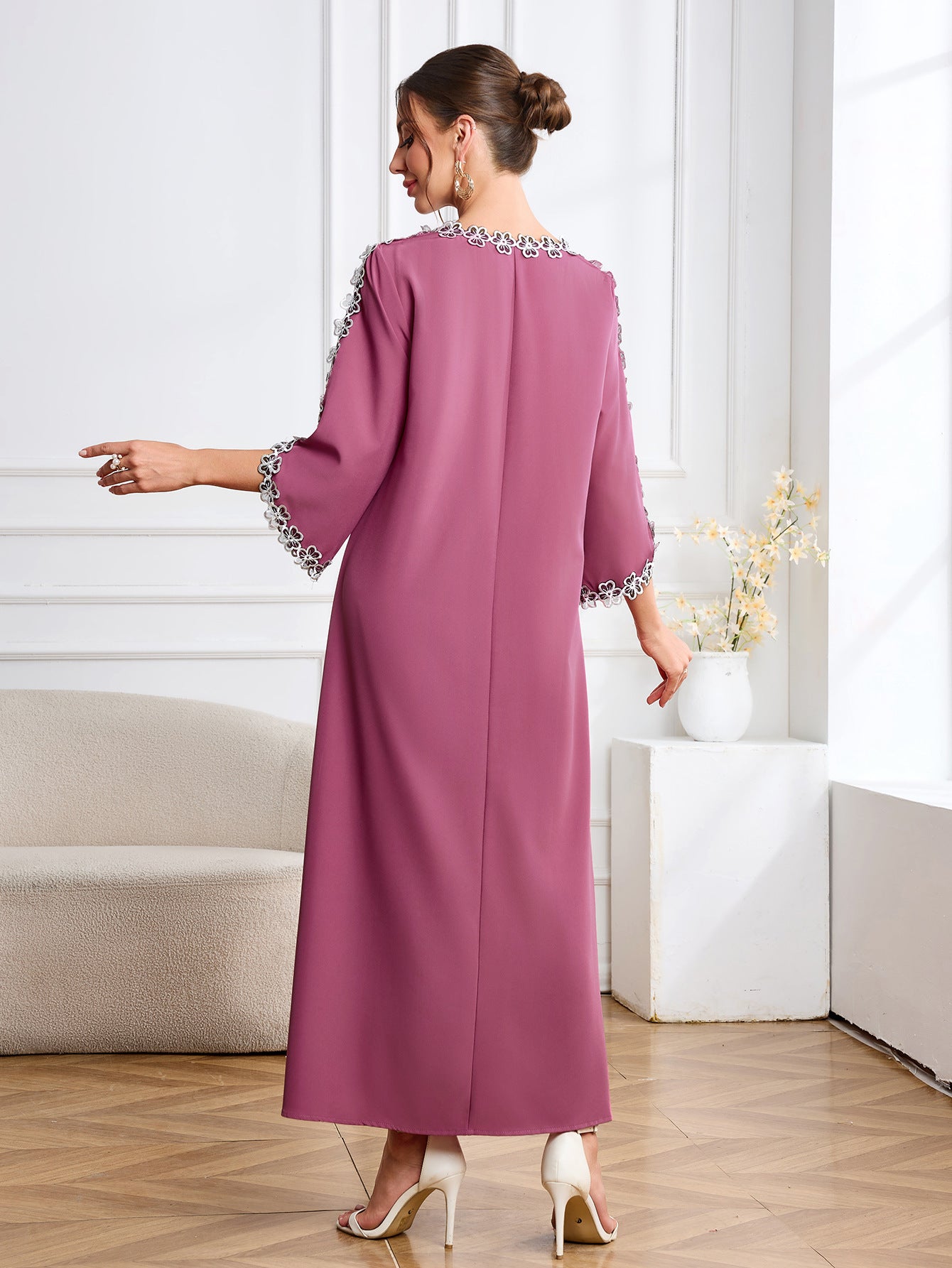 Arabic Lace Elegant Round Neck Dress Muslim Clothing